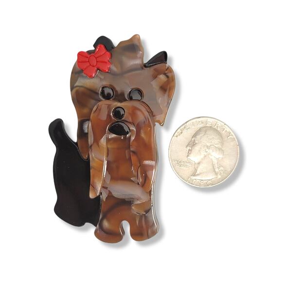 Signed Elle Cross Brown Dog Cellulose Acetate Brooch - Picture 2 of 3